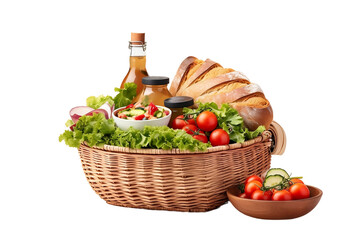 Classic basket brimming with delightful picnic fare. realistic portrait isolated on PNG