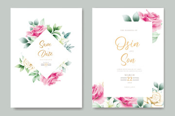 wedding invitation card with floral roses watercolor
 