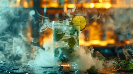 A close-up of a freshly brewed lemon and mint mojito served with subtle smoke hovering in the background. Delicious and refreshing lemon mojito cocktail.