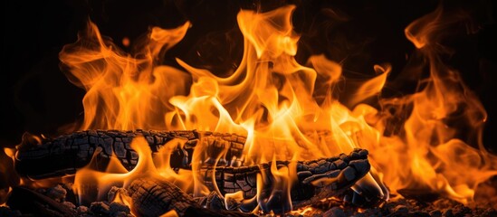 A close-up view of a fiery blaze with multiple flames dancing and flickering. The flames are vibrant and intense, casting a warm glow against a dark background.