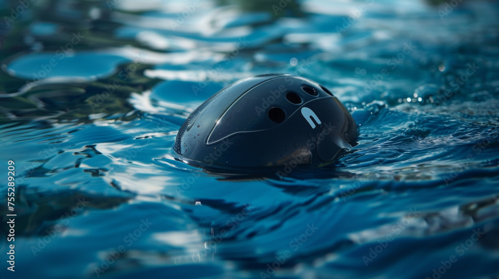 Poster a detailed image of a swim cap with integrated gps tracking capabilities allowing swimmers to monito