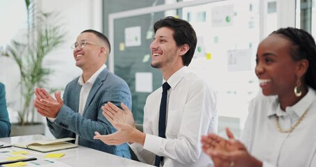 Meeting, applause and happy business people in office with celebration, promotion and winning. Success, sales deal and team building in conference room with achievement, congratulations and cheers.