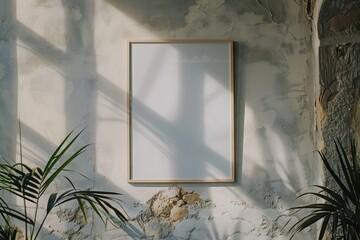 Blank picture vertical frame mockup on a stone white gray wall, boho style, minimalist