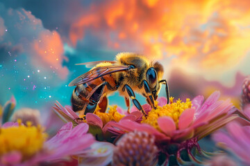 Macro view of a worker bee collecting nectar from a giant surreal wildflower set against a backdrop of a vibrant psychedelic sky - obrazy, fototapety, plakaty