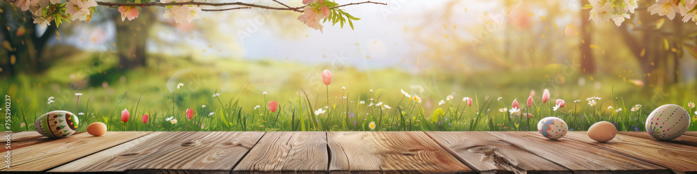 Aufkleber a wooden product display top with an easter background of painted eggs and green grass and meadows.