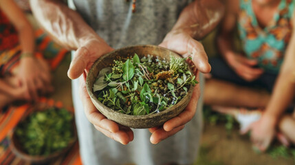 A third image shows a traditional medicine practitioner holding a bowl filled with freshly picked herbs and roots. He carefully explains their medicinal properties to a group