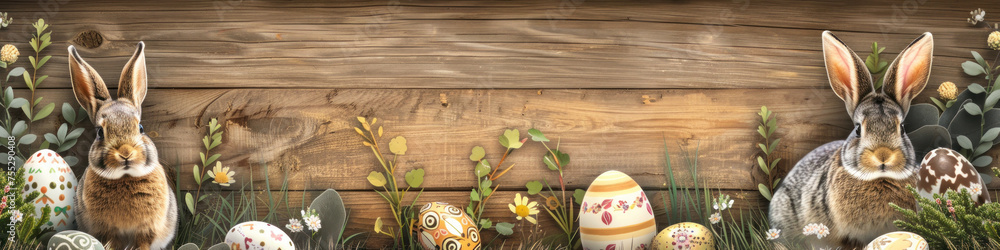 Aufkleber a wooden product display top with an easter background of painted eggs, rabbit and green grass and m