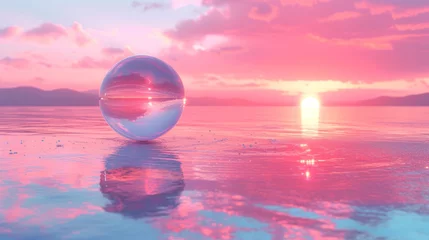 Rolgordijnen 3D abstract silk cloth floating in pastel sunset landscape and spherical glass. Futuristic cyberpunk hyper realism details reflective holographic landscape background. © Jirawatfoto
