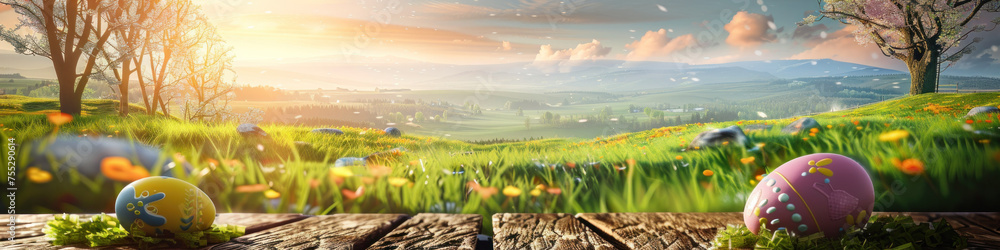 Aufkleber a wooden product display top with an easter background of painted eggs and green grass and meadows.