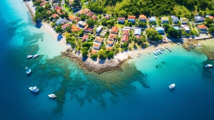 空撮したリゾートビーチ、透明な青い海と海岸の風景 - obrazy, fototapety, plakaty