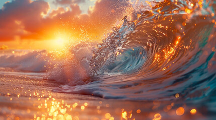 Powerful waves crashing against the shores of an ethereal beach with sand made of crushed crystals reflecting the light of a dual sunset - obrazy, fototapety, plakaty