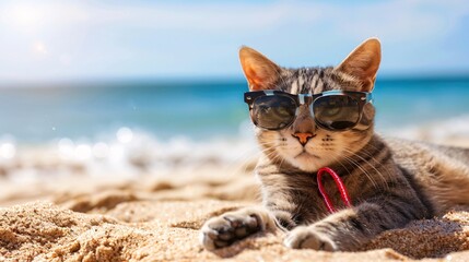 A cat basking in the sun on a beach, decked out in beachwear and sunglasses, embracing the coastal vibe