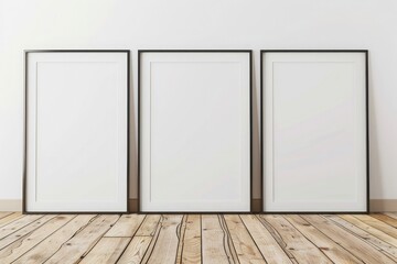 Empty picture frame mockup on wooden floor. Living room design with scandinavian style interior with artwork mock up on white wall. 3D rendering