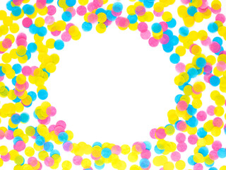 Top view of bright and colorful confetti forming a frame on white background with copy space