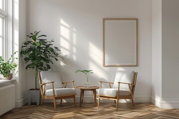 Fototapeta premium Empty picture frame mockup on wooden floor. Living room design with scandinavian style interior with artwork mock up on white wall. 3D rendering