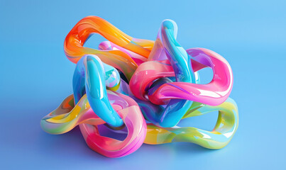 the colorful swirling cord, 3d rendered on blue background, rounded forms, sculptural installation, pastel academia, unconventional poses, intertwined networks, bold color blobs