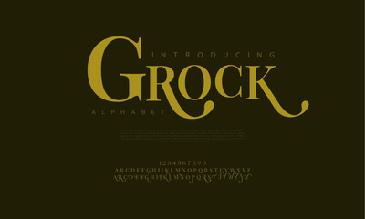 Grock premium luxury elegant alphabet letters and numbers. Vintage wedding typography classic serif font decorative vintage retro. Creative vector illustration