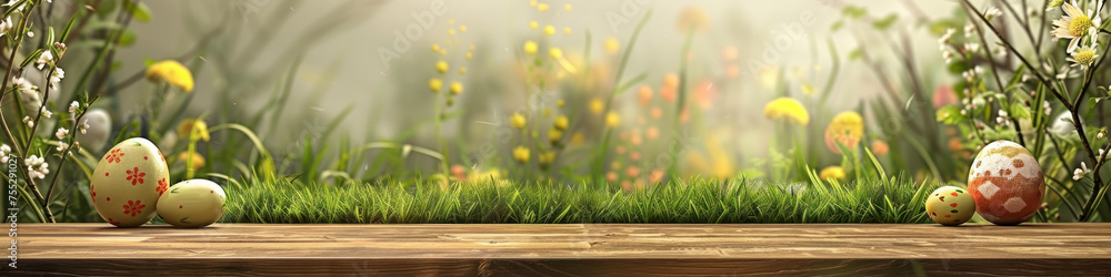 Aufkleber a wooden product display top with an easter background of painted eggs and green grass and meadows.