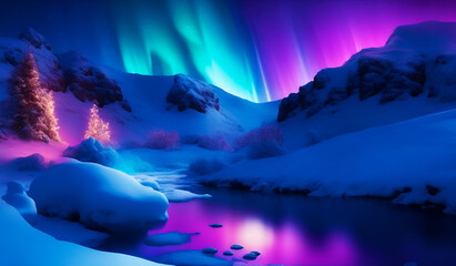Winter snow mountain Fantastic landscape, aurora, northern light, lake, wall art for home decor,...