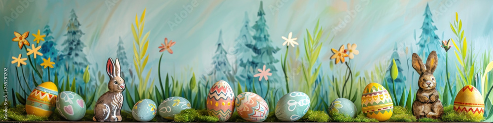 Aufkleber a wooden product display top with an easter background of painted eggs, rabbit and green grass and m