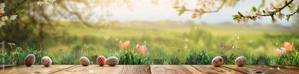Aufkleber a wooden product display top with an easter background of painted eggs and green grass and meadows.