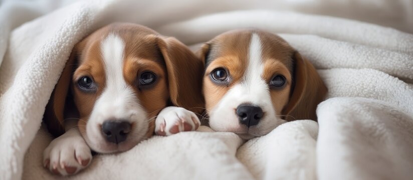 Two adorable Beagle puppies are comfortably nestled under a white blanket on a bed at home, creating a cozy and heartwarming scene from an overhead view.