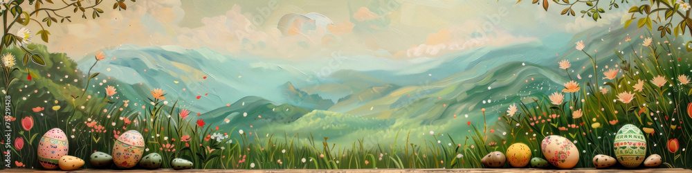 Aufkleber a wooden product display top with an easter background of painted eggs and green grass and meadows.