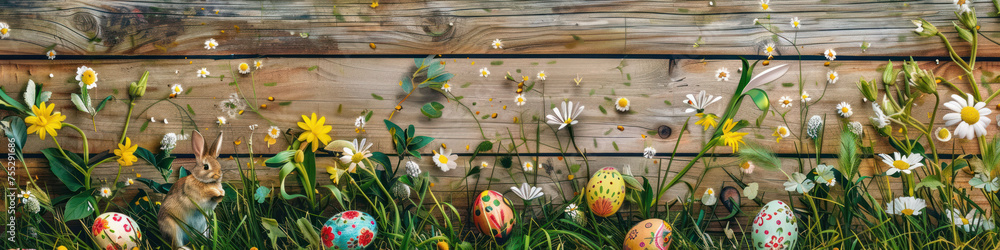 Aufkleber a wooden product display top with an easter background of painted eggs, rabbit and green grass and m
