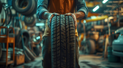 A car mechanic is holding a newly replaced car tire, Ai generated Images
