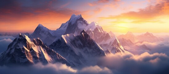 Fototapeta na wymiar A painting showcasing a majestic mountain peak towering above a sea of fluffy white clouds under a stunning aerial sunset panorama.
