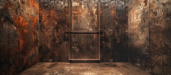 A building with an empty room featuring a rusty door and hardwood flooring, creating an artistic facade in the house