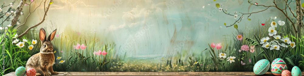 Aufkleber a wooden product display top with an easter background of painted eggs, rabbit and green grass and m