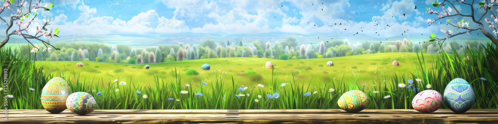 Aufkleber a wooden product display top with an easter background of painted eggs and green grass and meadows.
