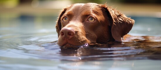A brown dog is joyfully swimming in a pool of cool water on a hot day, giving a refreshing break from the heat. - obrazy, fototapety, plakaty