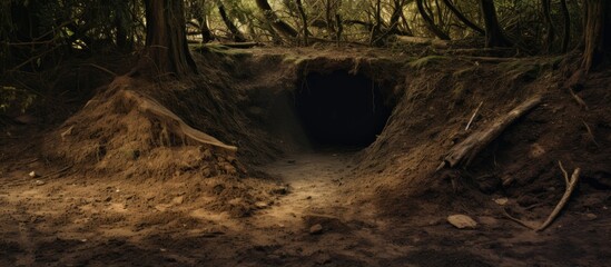 In the heart of the wooded area, there lies a gaping hole in the ground surrounded by towering trees and lush vegetation