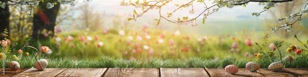 Aufkleber a wooden product display top with an easter background of painted eggs and green grass and meadows.