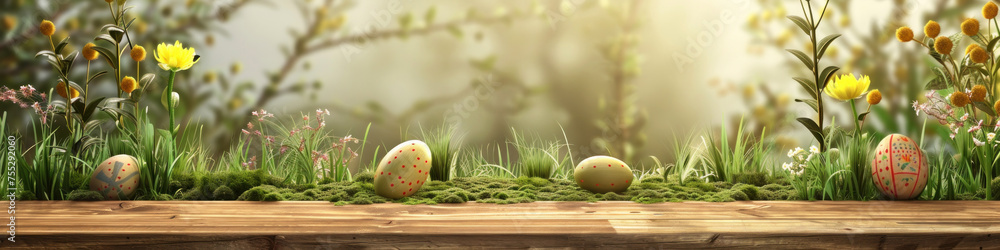 Aufkleber a wooden product display top with an easter background of painted eggs and green grass and meadows.