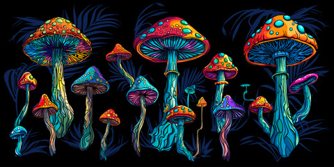 Psychedelic magic glowing mushrooms. Fly agarics. Amanita. Goa trance music, hanging out shindig, going out, rave get together culture. Hippie 60s. Fashionable modern print - 755292264