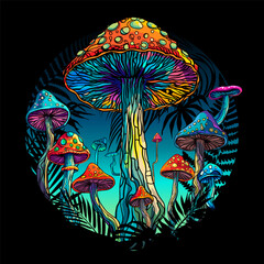 Psychedelic magic glowing mushrooms. Fly agarics. Amanita. Goa trance music, hanging out shindig, going out, rave get together culture. Hippie 60s. Fashionable modern print - 755292273