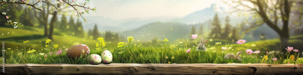 Aufkleber a wooden product display top with an easter background of painted eggs and green grass and meadows.