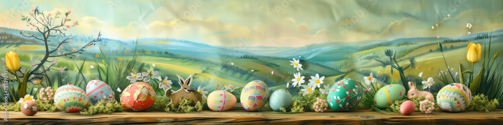 Aufkleber a wooden product display top with an easter background of painted eggs, rabbit and green grass and m