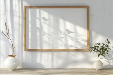 Frame mockup with horizontal wooden light frame on white wall background