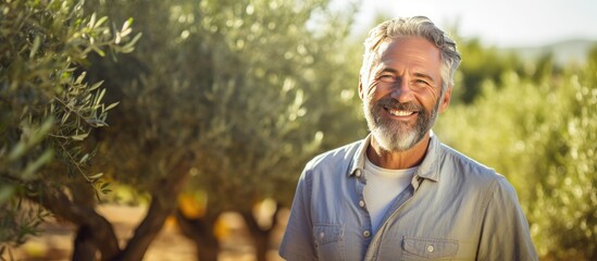 A happy mature man, who appears to be a gardener, is standing among a row of olive trees on a sunny day. The man is wearing work clothes and looking out towards the trees.