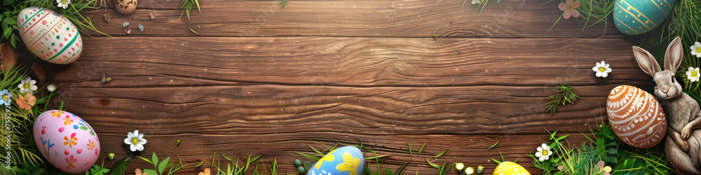 Aufkleber a wooden product display top with an easter background of painted eggs, rabbit and green grass and m