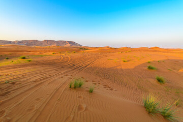 Hang gliders can be seen in the distance in the red sand dunes desert area of Sharjah and Dubai, United Arab Emirates.