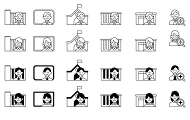 건물과 인물 흰색, 검정색 2색 아이콘