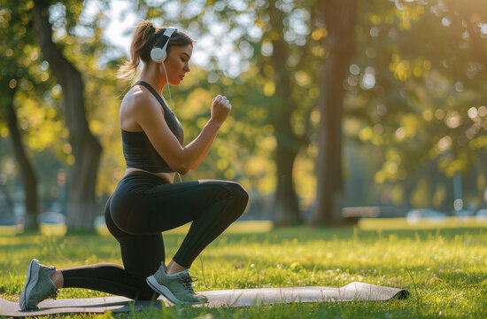 A beautiful woman in black sportswear is doing squats on the yoga mat, with white headphones around her neck and gray shoes