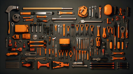 Assorted tools meticulously arranged on a wall