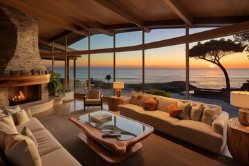 Ocean front mansion house living room sunset