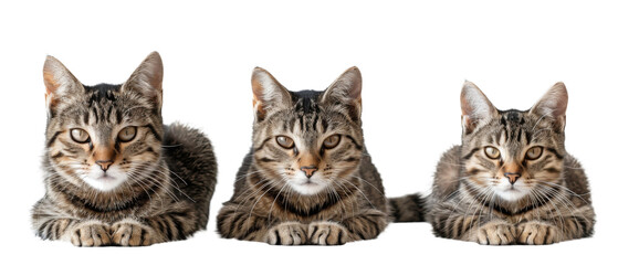 Triple image of the same tabby cat gazing intently with clear striped patterns, isolated on white